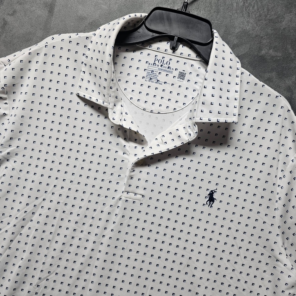 Polo Ralph Lauren Performance Men's XL White Navy Blue Geometric Golf Polo Shirt
